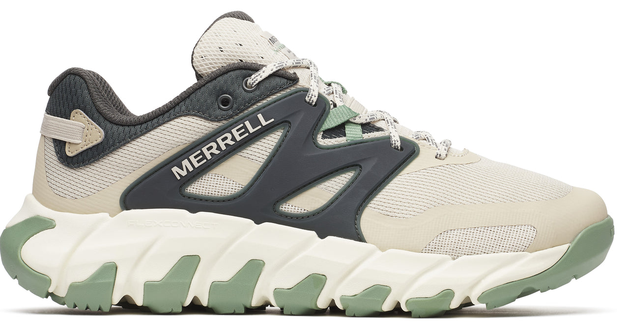 Beige trail running shoe with gray trim and “MERRELL” logo.