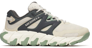Beige trail running shoe with gray trim and “MERRELL” logo.