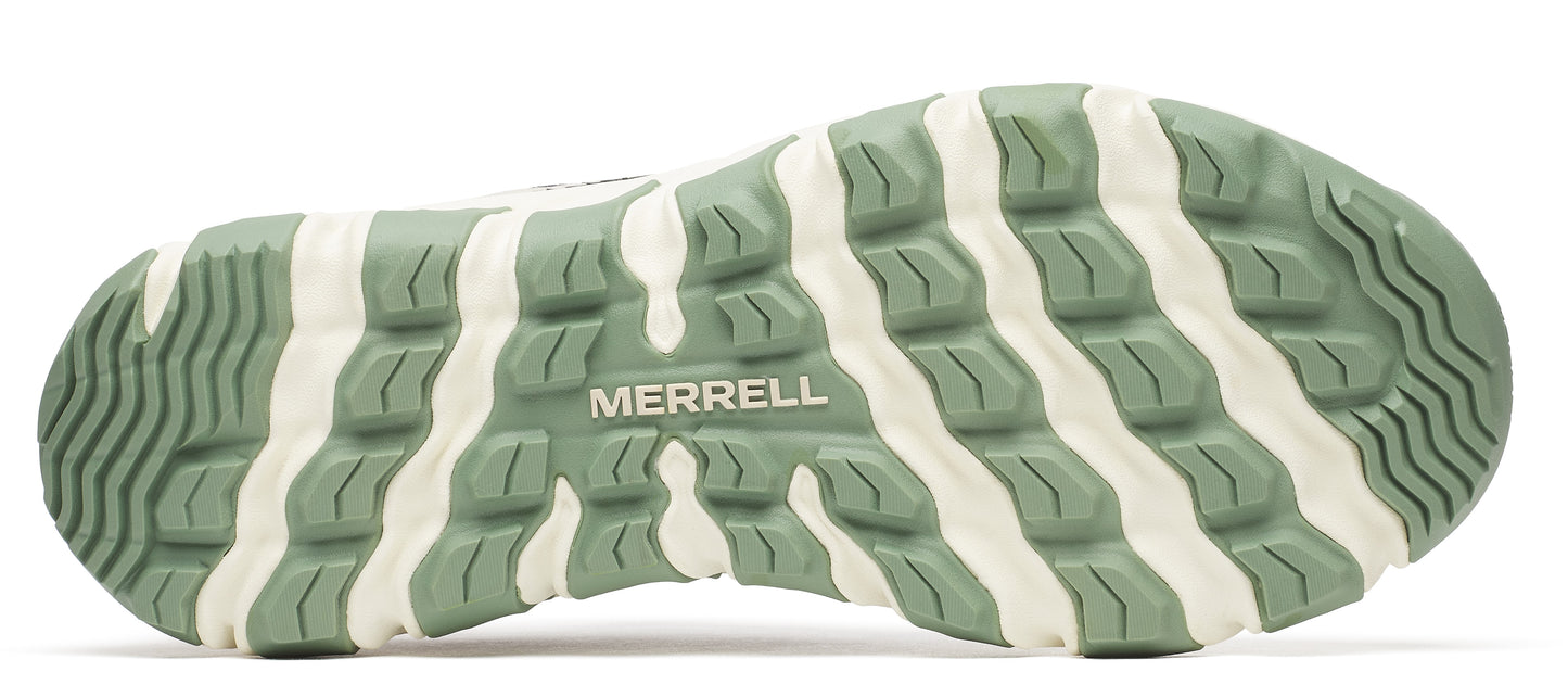 A sole of a shoe featuring a wavy, textured pattern in white and green, with "MERRELL" embossed in the middle.