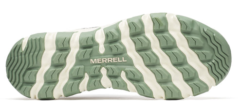 A sole of a shoe featuring a wavy, textured pattern in white and green, with "MERRELL" embossed in the middle.