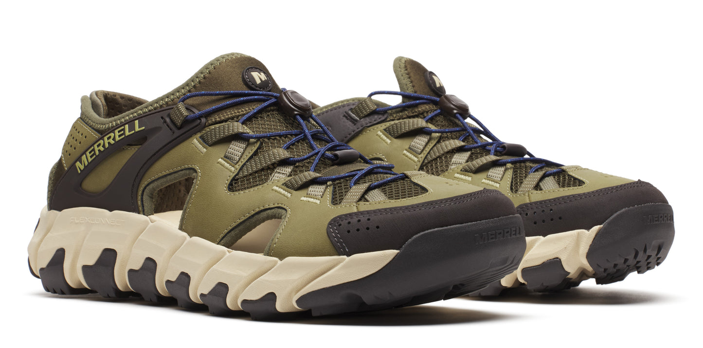 A pair of olive-green sandals with blue laces and thick, beige soles.