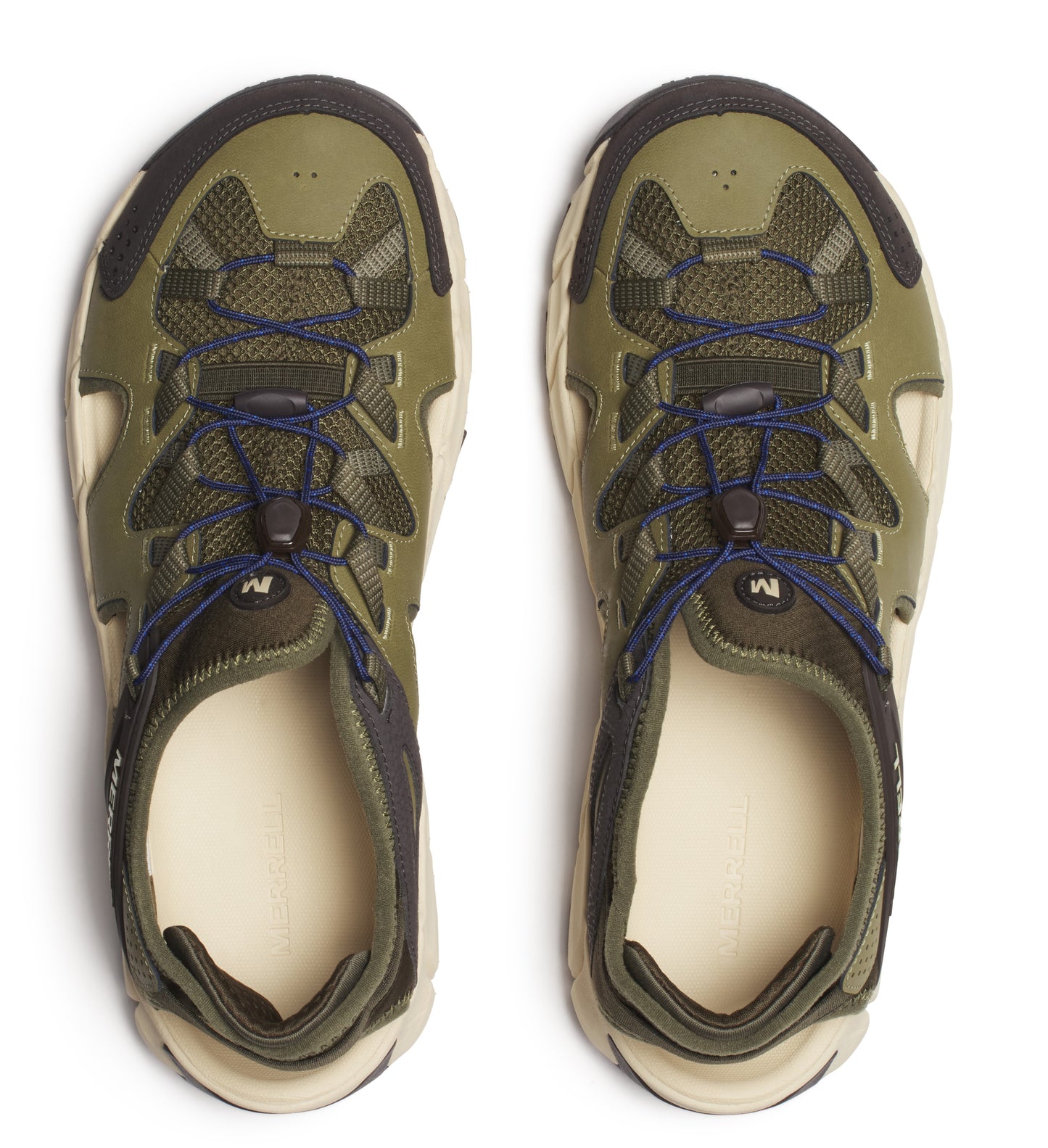 Pair of olive-green hiking shoes with mesh netting and blue bungee laces.