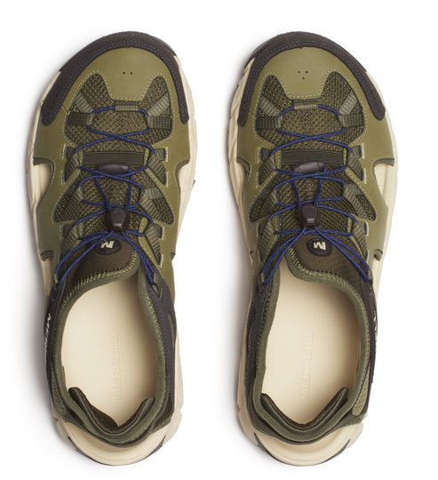 Pair of olive-green hiking shoes with mesh netting and blue bungee laces.