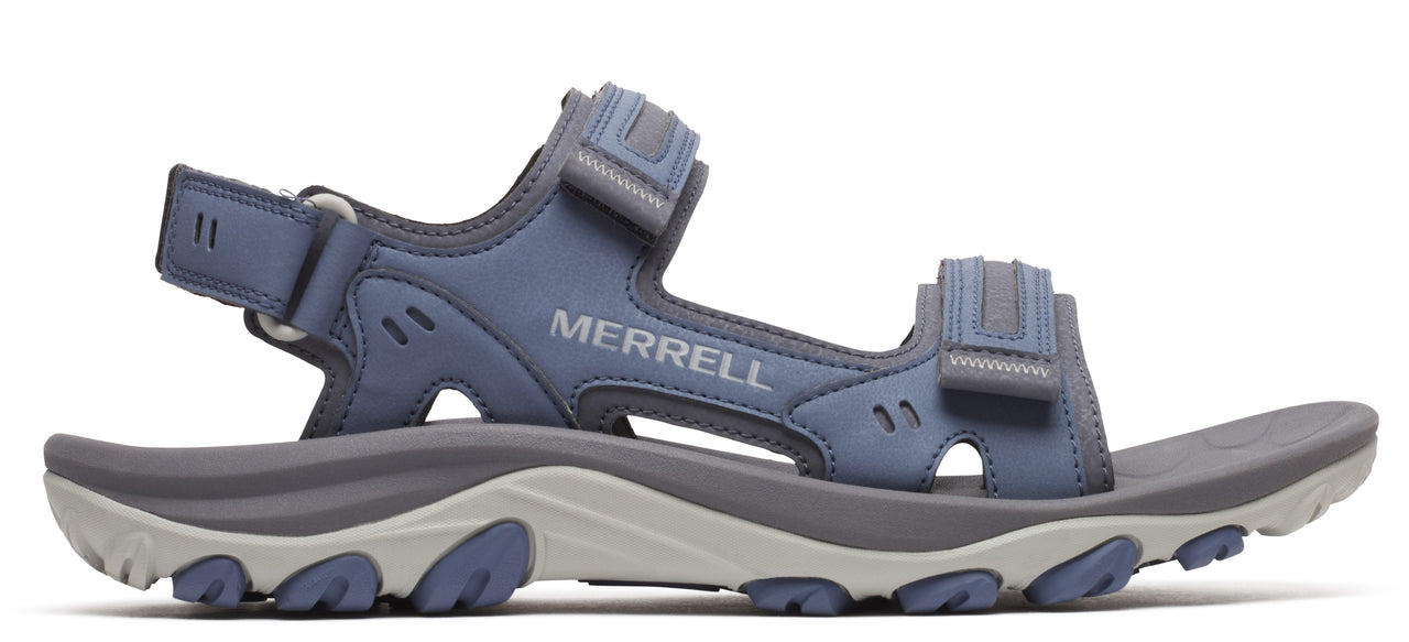 A blue and gray sandal with velcro straps.
