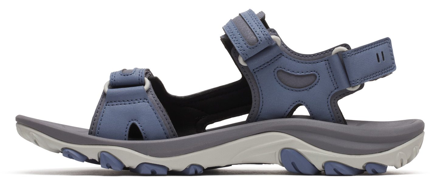 Blue walking sandal with grey sole.