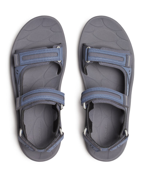 Pair of gray sandals with blue straps and white buckles, top view.
