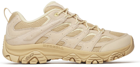 Tan colored hiking shoe with vibram soles and MERRELL on the side.