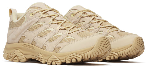 A pair of beige hiking shoes with mesh panels.