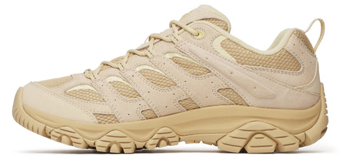 A beige hiking shoe with a mesh upper and lugged sole.