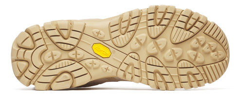 Beige shoe sole with a yellow vibram logo.