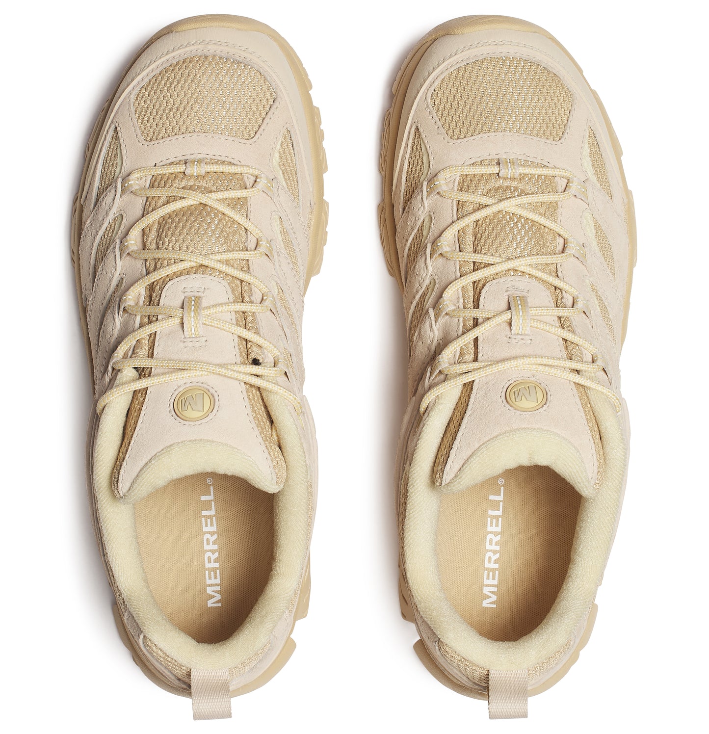 Top view of two matching sand-colored hiking shoes with mesh uppers, suede trim, and laces. 'MERRELL' is visible on the insole.