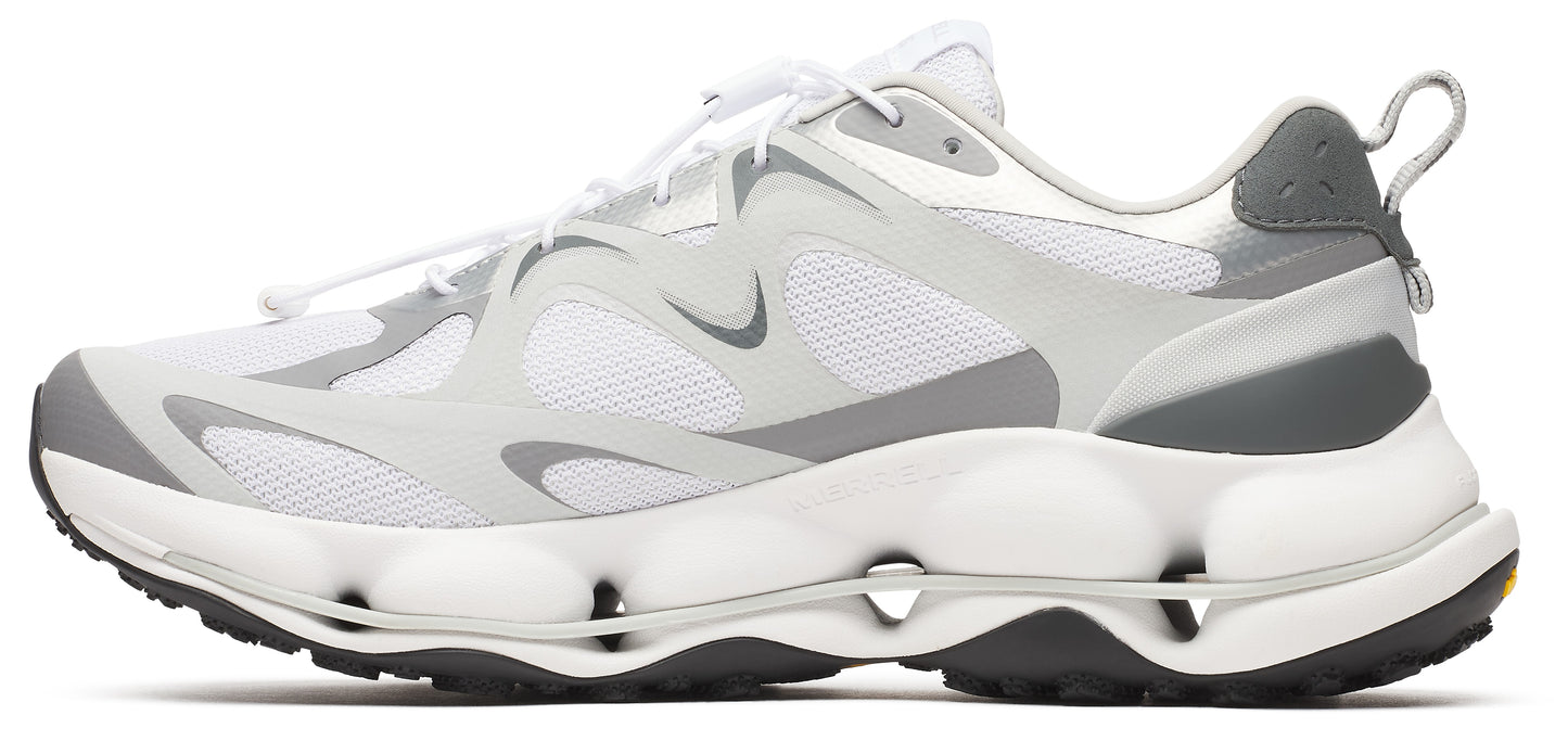 White athletic shoe with grey accents, featuring a uniquely designed sole with hollow spheres.