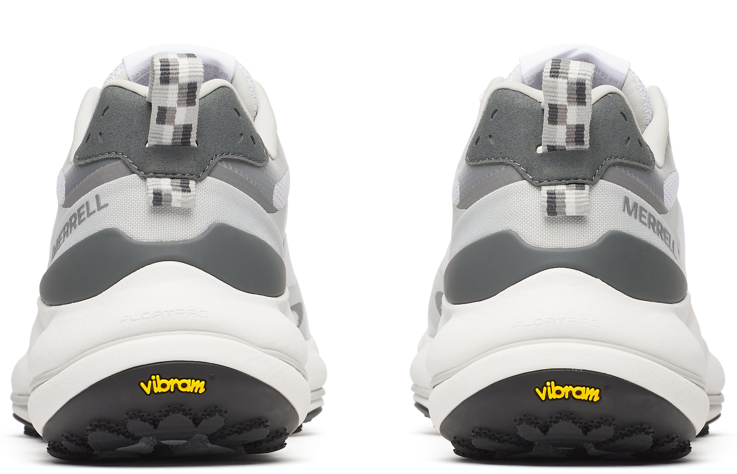 The back view of two white and gray athletic shoes with a Vibram sole.