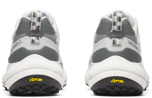 The back view of two white and gray athletic shoes with a Vibram sole.