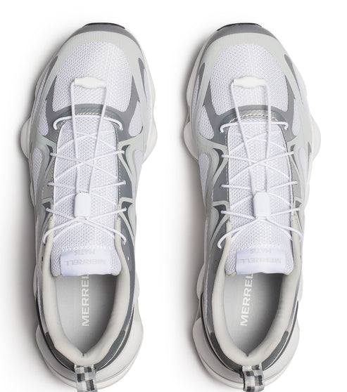 Overhead view of two white and gray athletic shoes with white laces.