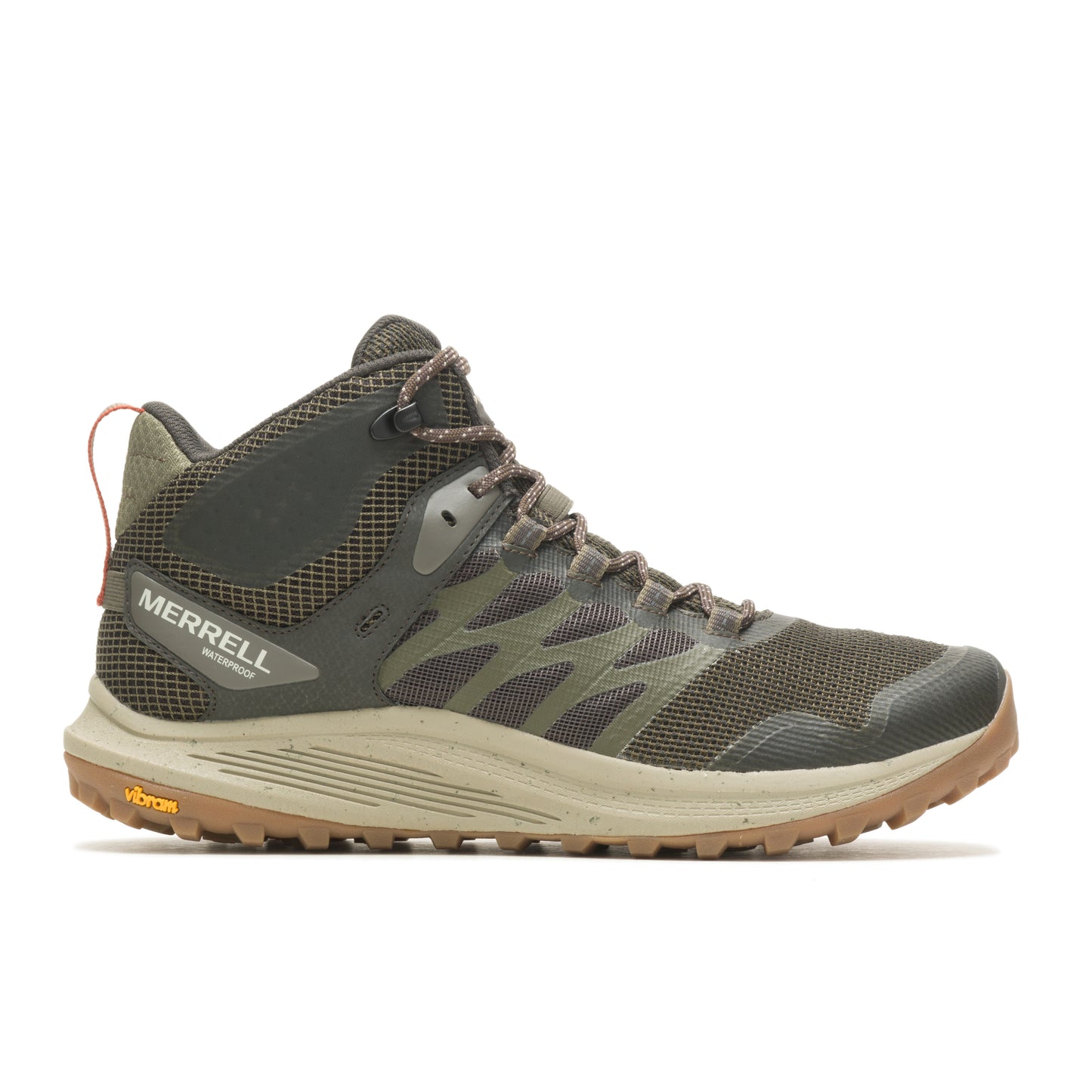 Mid-height hiking boot in green and tan with visible "Merrell" logo and orange heel tab.