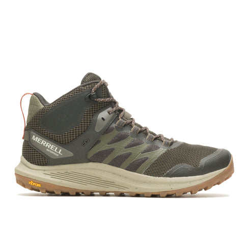 Mid-height hiking boot in green and tan with visible "Merrell" logo and orange heel tab.