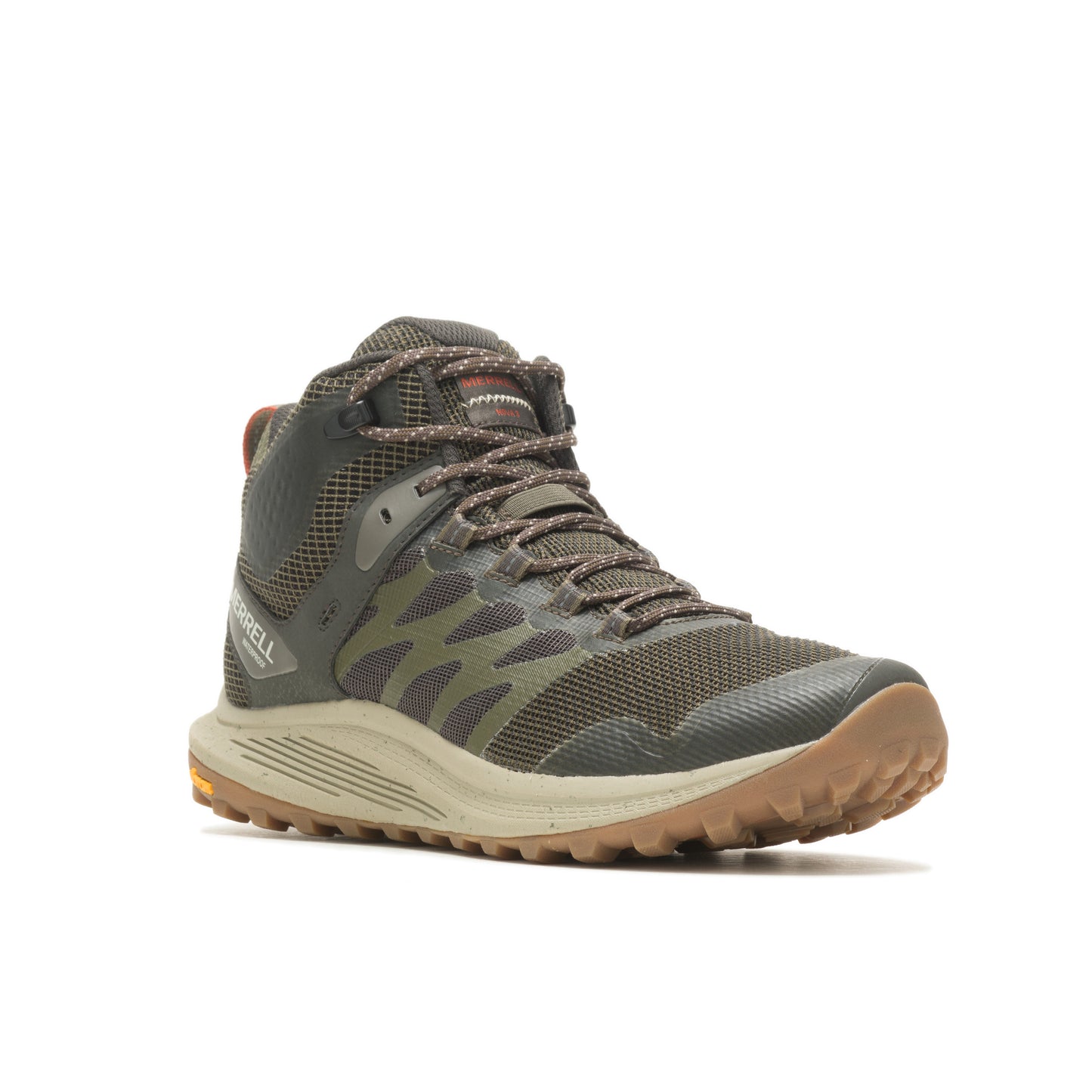 Olive-colored hiking boot with brown sole.