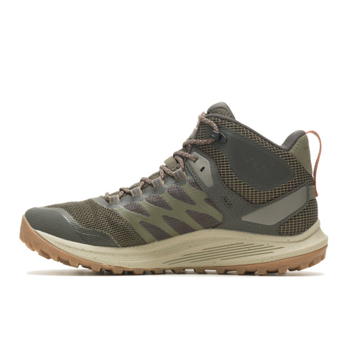 Olive green mid-top hiking shoe with brown laces and sole.