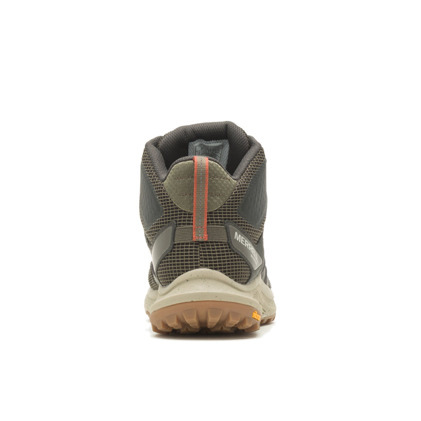 Rear view of a high top hiking shoe featuring a rugged sole.