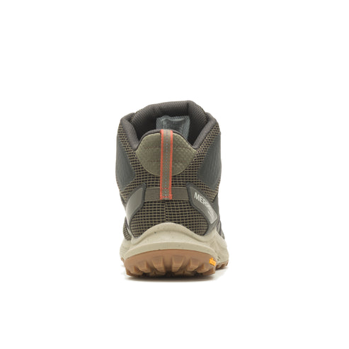 Rear view of a high top hiking shoe featuring a rugged sole.