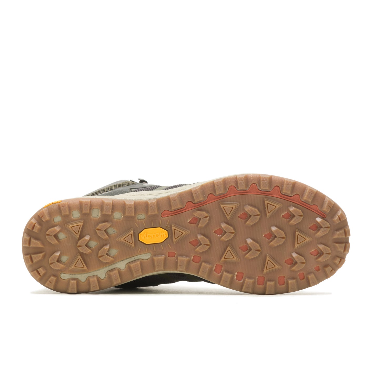 sole of a hiking shoe featuring lug treads in a triangular pattern and a yellow vibram logo
