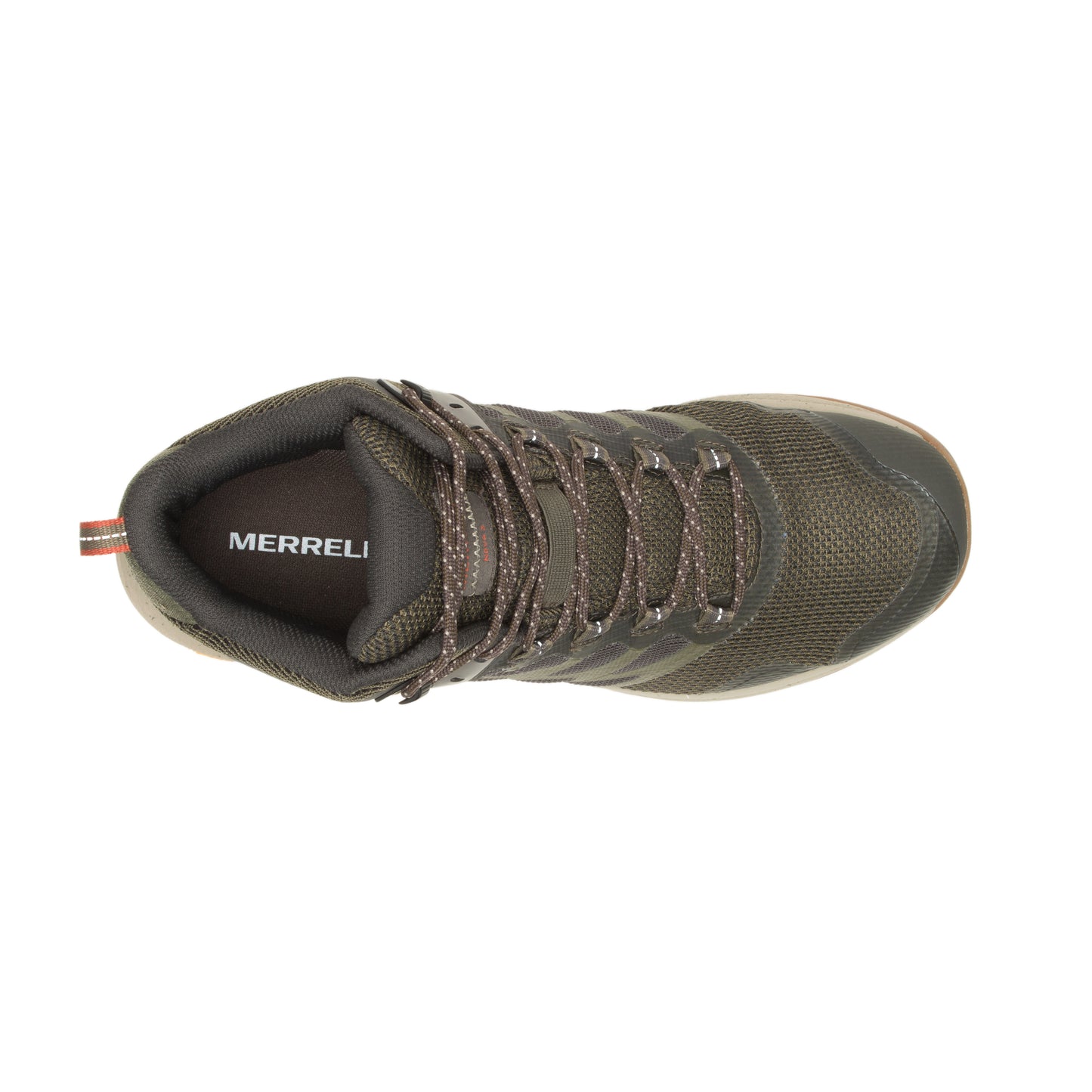 Top-down view of a dark green hiking shoe with the word "MERRELL" visible on the inner sole.