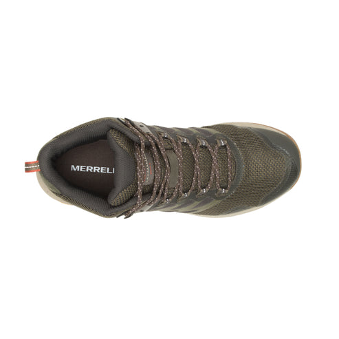 Top-down view of a dark green hiking shoe with the word "MERRELL" visible on the inner sole.