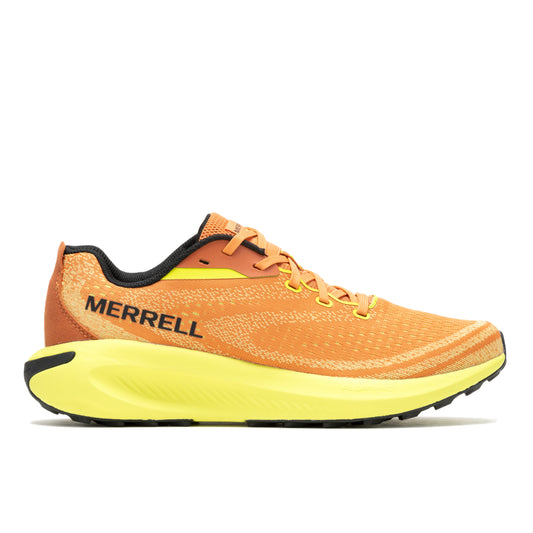 An orange running shoe with a yellow sole and 'MERRELL' printed on the side.
