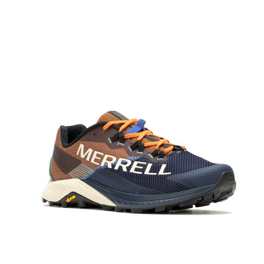 Running shoe with orange laces, blue toe, and "MERRELL" written on its brown and white body.