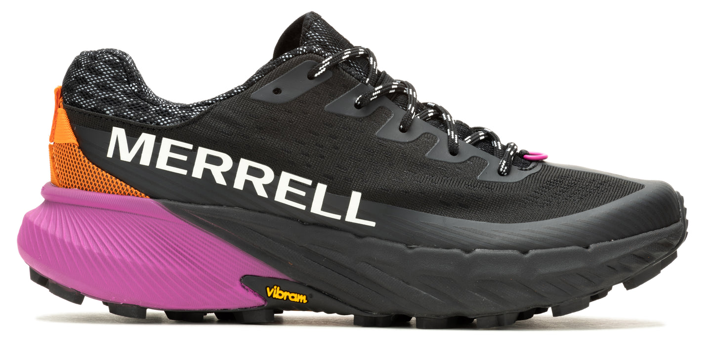 A side-view of a black running shoe with a purple and orange sole, and the word MERRELL on the side.