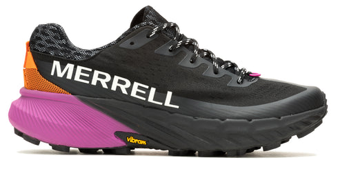 A side-view of a black running shoe with a purple and orange sole, and the word MERRELL on the side.