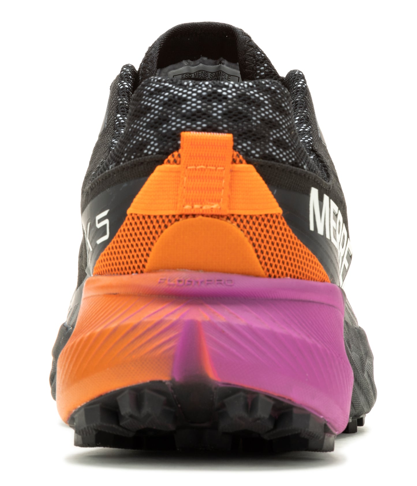 The back of a black running shoe with orange and purple accents.