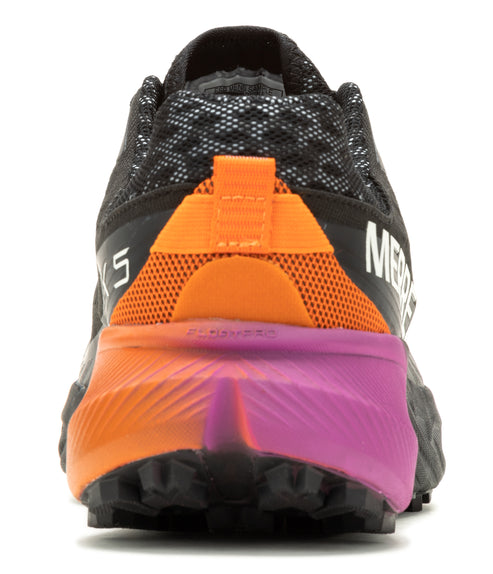 The back of a black running shoe with orange and purple accents.