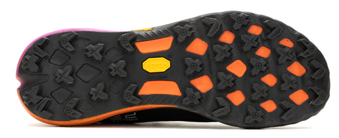 Bottom view of a shoe with a black textured sole with orange and yellow accents.