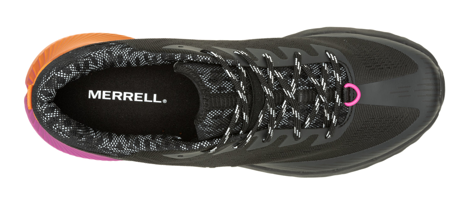 Overhead view of a black shoe with orange and purple heel.