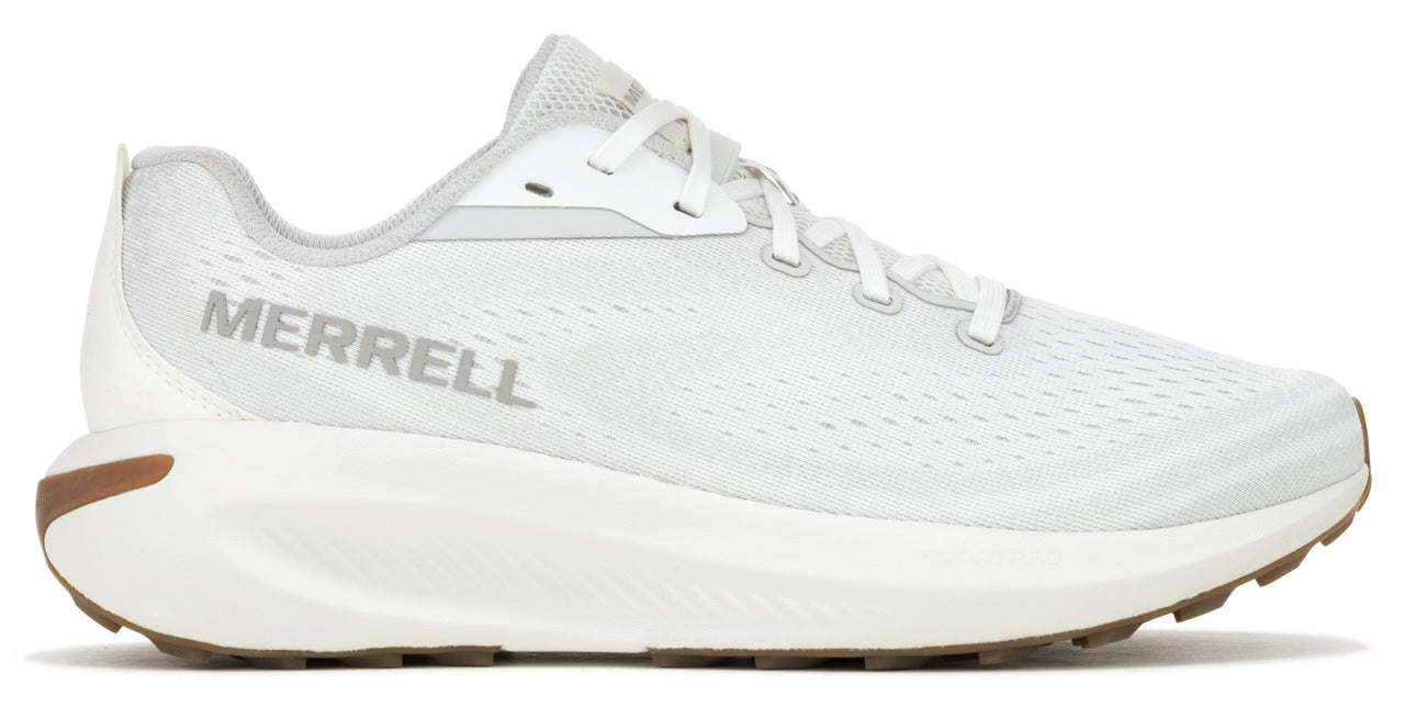 White running shoe with "MERRELL" in silver lettering on the side.