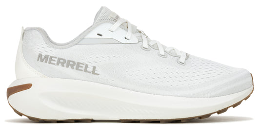 White running shoe with "MERRELL" in silver lettering on the side.