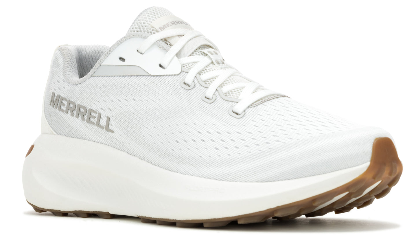 A white shoe with visible text 'MERRELL' on its side, featuring white laces, a thick white sole, and a brown outsole.