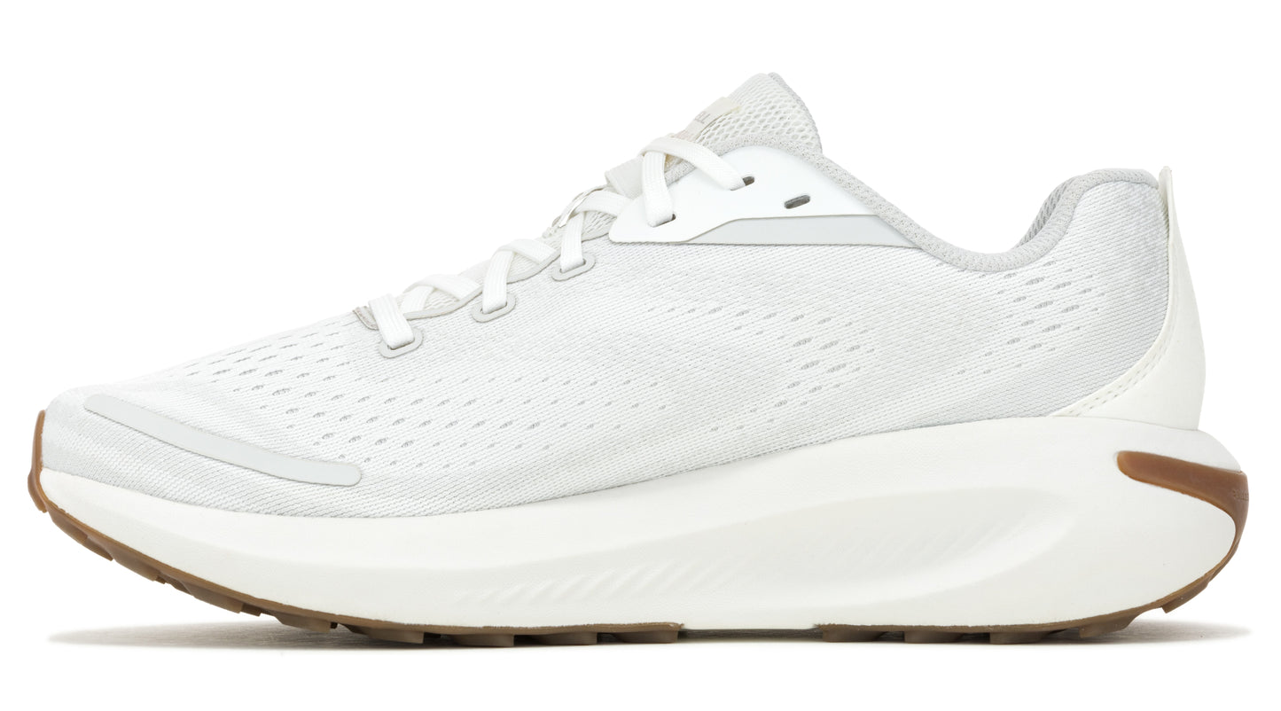A white athletic shoe with a thick white sole and brown rubber outsoles. The upper is white mesh and white laces.