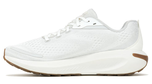 A white athletic shoe with a thick white sole and brown rubber outsoles. The upper is white mesh and white laces.