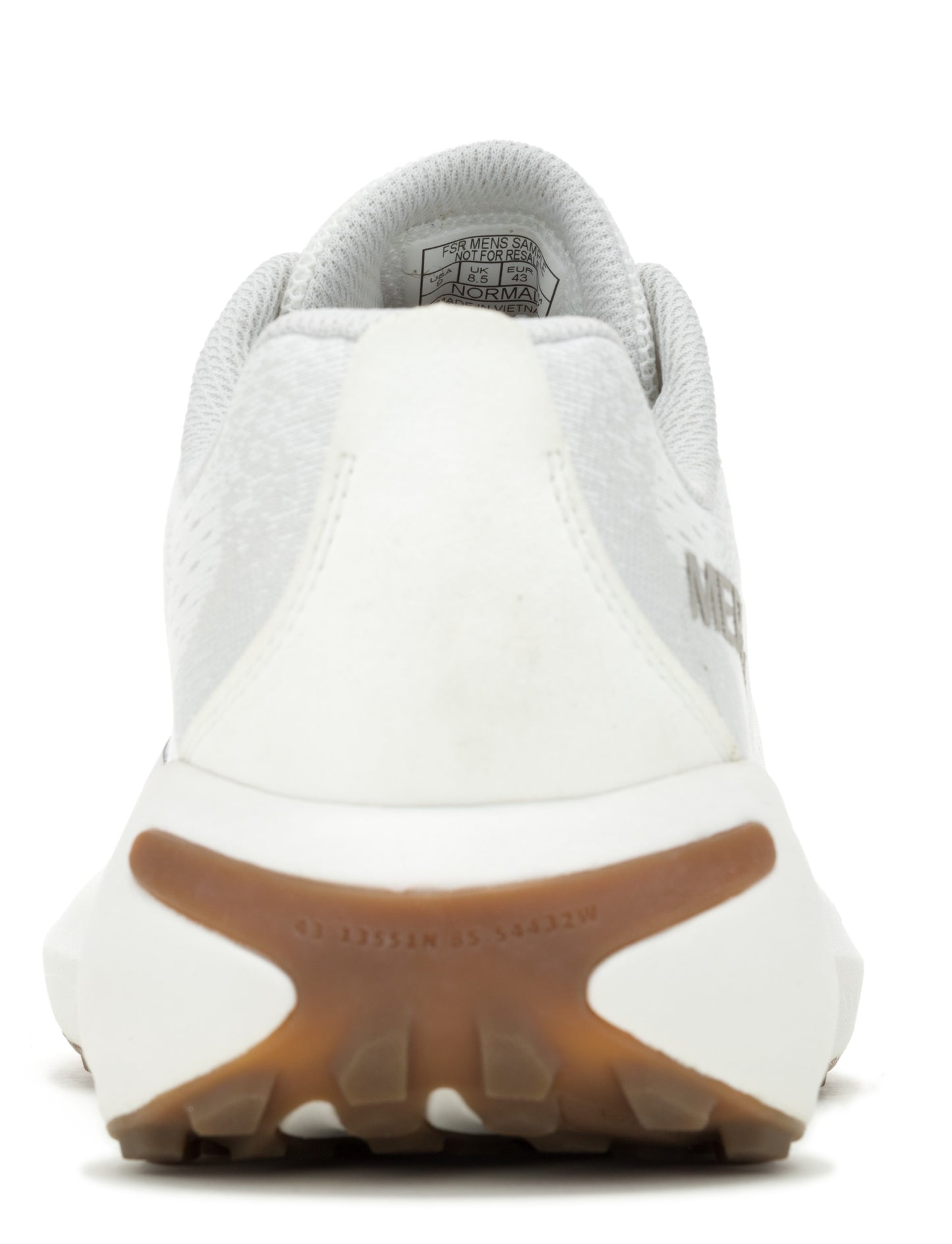 Rear view of white athletic shoe with a brown accent on the sole.