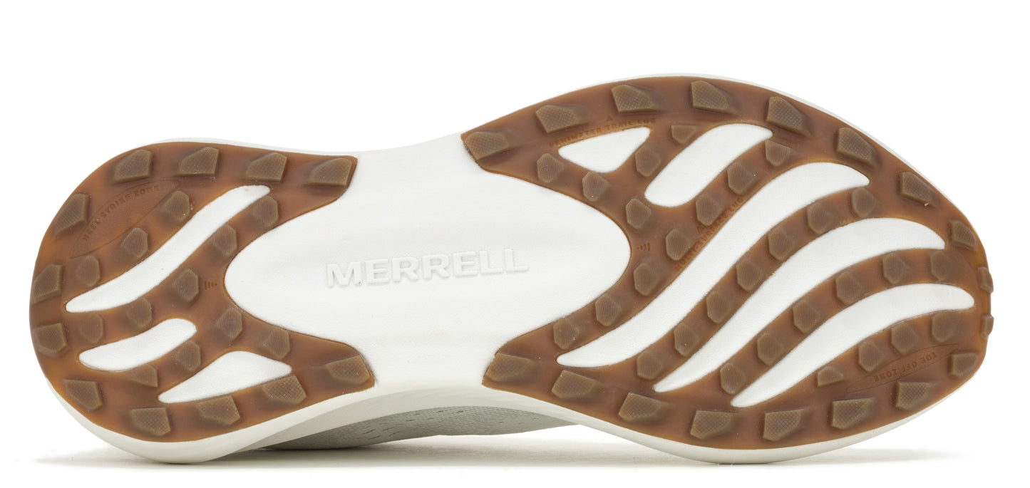 The bottom view of a shoe with treads and the word MERRELL on the sole.