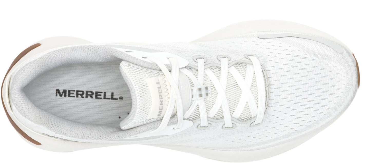Top-down view of a white sneaker with white laces and the word MERRELL.