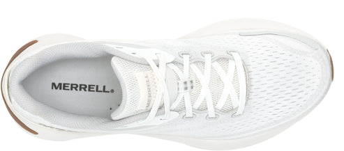 Top-down view of a white sneaker with white laces and the word MERRELL.