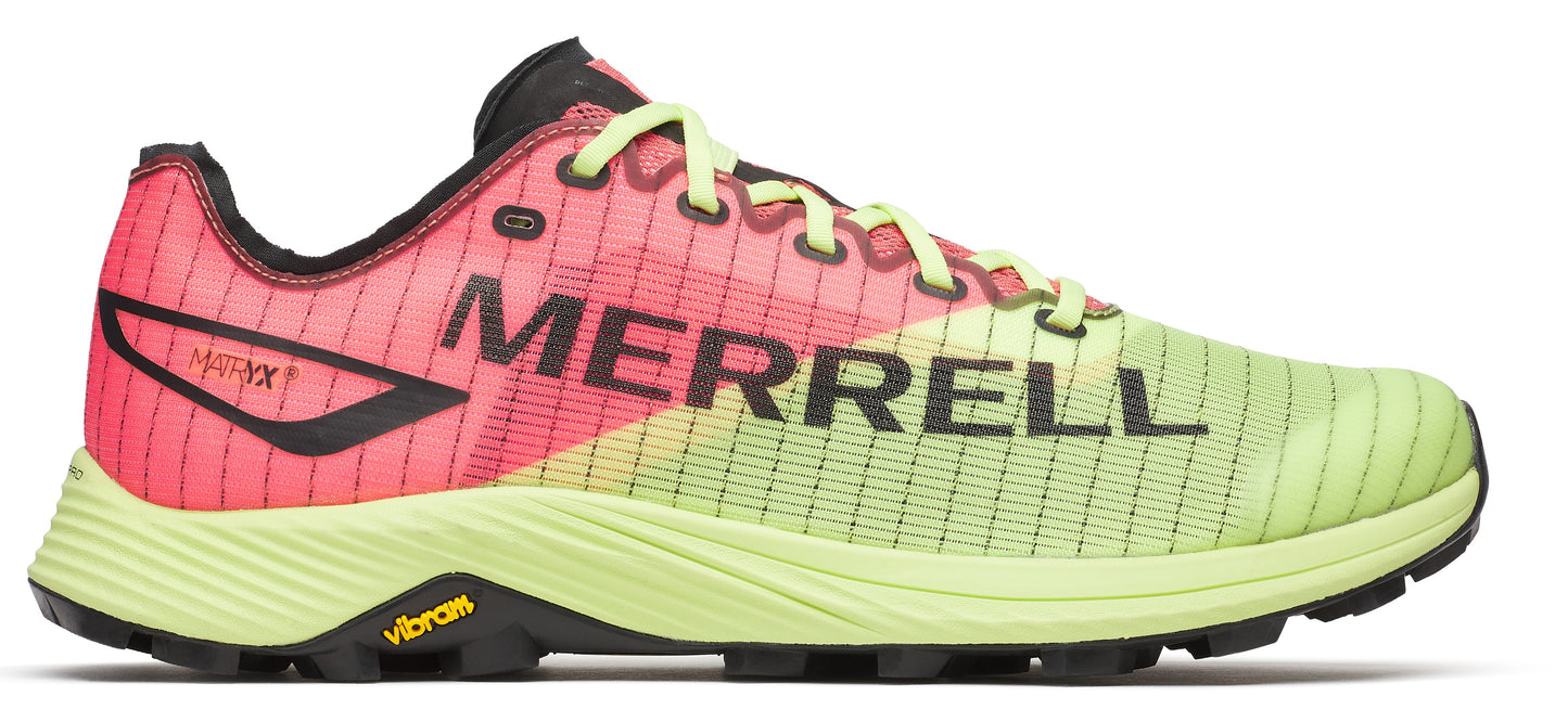A running shoe with a pink and green design and the word "MERRELL" in black.