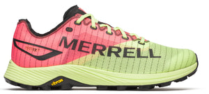 A running shoe with a pink and green design and the word "MERRELL" in black.