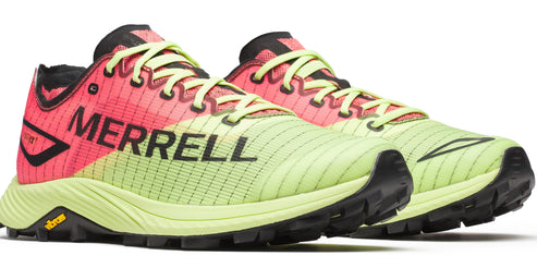 A pair of running shoes with pink and green uppers and black soles, with "MERRELL" printed on the side.