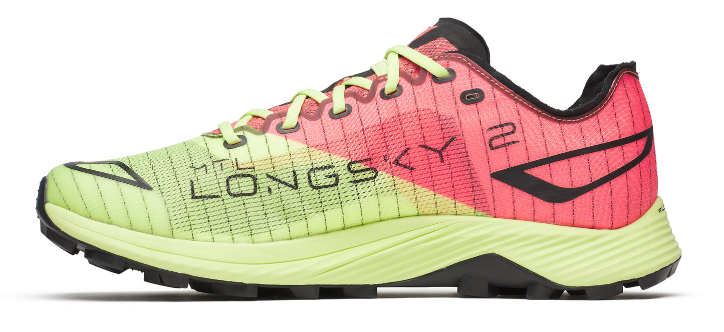 A running shoe in neon yellow and pink.