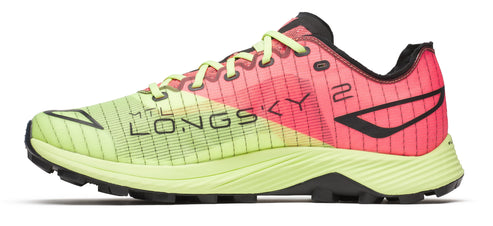 A running shoe in neon yellow and pink.